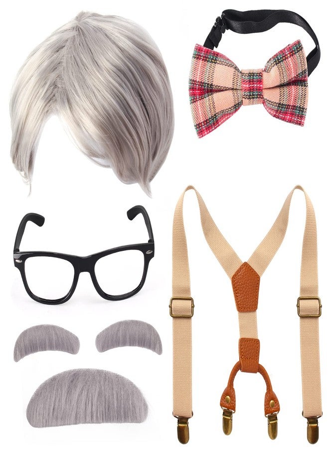 Yewong Kids Old Man Costume Set Grandpa Wig with Suspenders Kit for 100 Days of School Halloween - Image 1