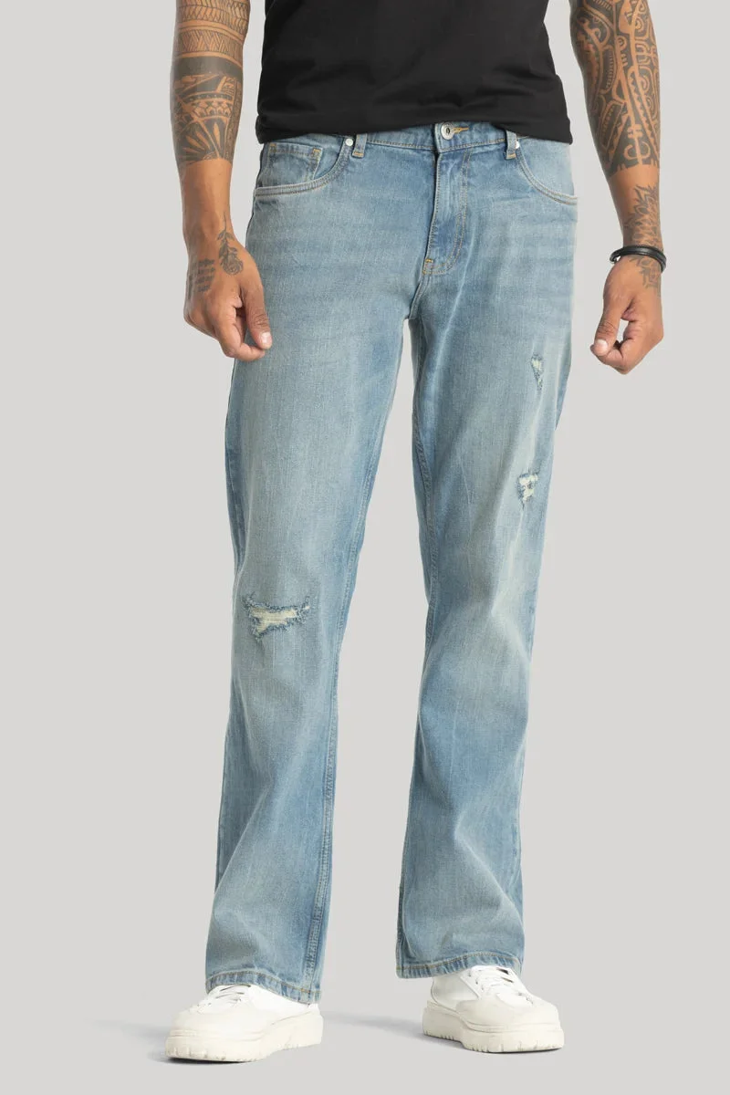 SNITCH Light Blue Textured Flared Fit Streetwear Jeans