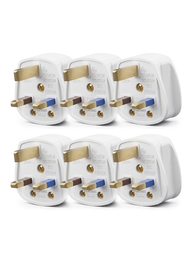 Duravel UK Fused 13 Amp White Mains 3 Pin Household Plugs Fitted with Colour coded sleeved pins (Pack-Of 6) - Image 1