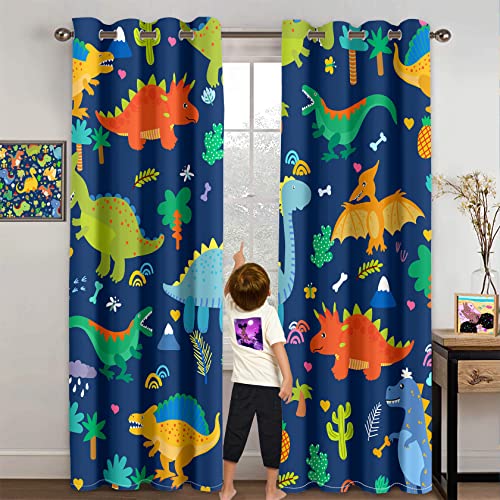 Kossmjx Cartoon Dinosaur Curtain Panels Curtains Blue Curtains for Boys Bedroom Grommet Top Window Treatment 2 Panels Drapes Kids Room Decor Navy Blue Curtain 84 Inch Length, 82" x 84" - Image 2