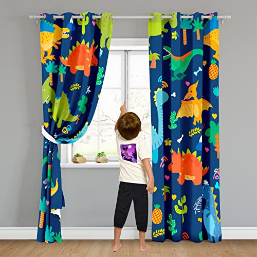 Kossmjx Cartoon Dinosaur Curtain Panels Curtains Blue Curtains for Boys Bedroom Grommet Top Window Treatment 2 Panels Drapes Kids Room Decor Navy Blue Curtain 84 Inch Length, 82" x 84" - Image 4