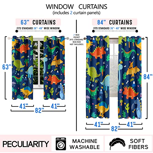 Kossmjx Cartoon Dinosaur Curtain Panels Curtains Blue Curtains for Boys Bedroom Grommet Top Window Treatment 2 Panels Drapes Kids Room Decor Navy Blue Curtain 84 Inch Length, 82" x 84" - Image 5