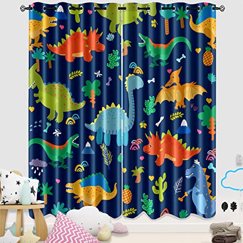 Kossmjx Cartoon Dinosaur Curtain Panels Curtains Blue Curtains for Boys Bedroom Grommet Top Window Treatment 2 Panels Drapes Kids Room Decor Navy Blue Curtain 84 Inch Length, 82" x 84" - Image 1