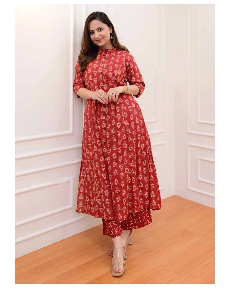 Arayna Women's Cotton Floral Block Printed Co-ord Set - Straight Kurta Palazzo Pants, Red, Medium - Image 3