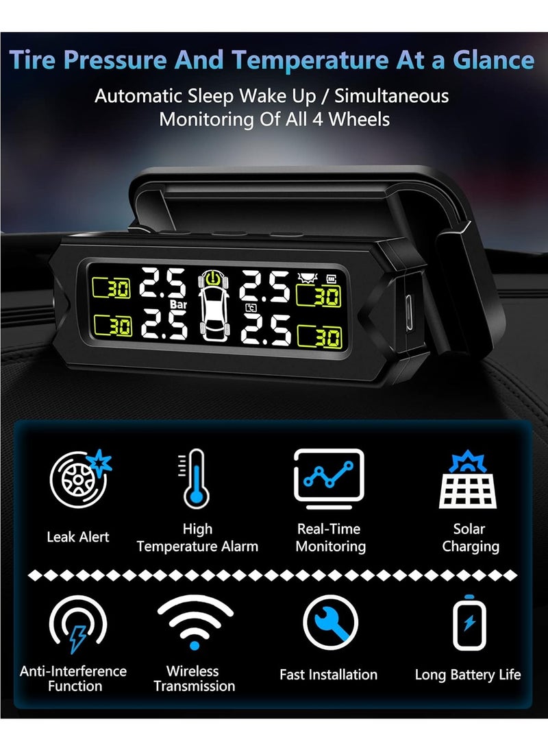بوي نظام مراقبة ضغط الإطارات TPMS قابل للتعديل والإزالة، جهاز مراقبة ضغط الإطارات بالطاقة الشمسية مع 6 أوضاع إنذار وكشف تلقائي في الوقت الحقيقي للسيارات من 22-87 Psi - Image 3