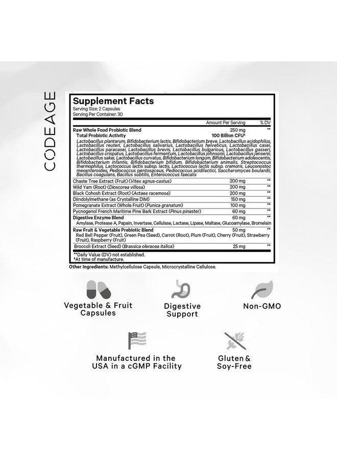 Codeage Raw Women’s Probiotic+ Supplement - 34 Probiotic Strains, 100 Billion CFUs, Digestive Enzymes, Prebiotic Blend, DIM, Pycnogenol Herbal Extracts, Phytonutrients - Non-GMO - 30 Capsules - Image 2