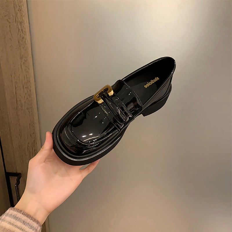 Grape Mom Studiolee Full Leather Thick-Soled Loafers All-Match Vintage Gold Button Chunky Heel British-Style Leather Shoes - Image 2