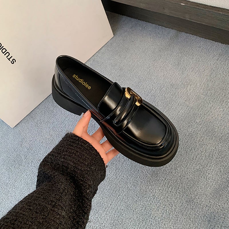 Grape Mom Studiolee Full Leather Thick-Soled Loafers All-Match Vintage Gold Button Chunky Heel British-Style Leather Shoes - Image 1