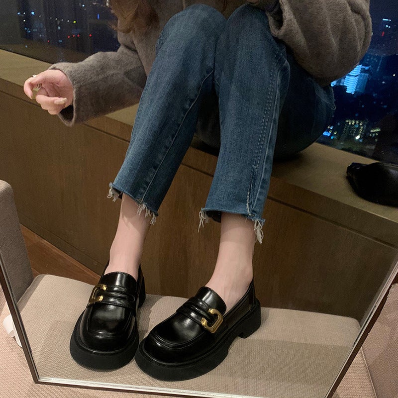 Grape Mom Studiolee Full Leather Thick-Soled Loafers All-Match Vintage Gold Button Chunky Heel British-Style Leather Shoes - Image 3
