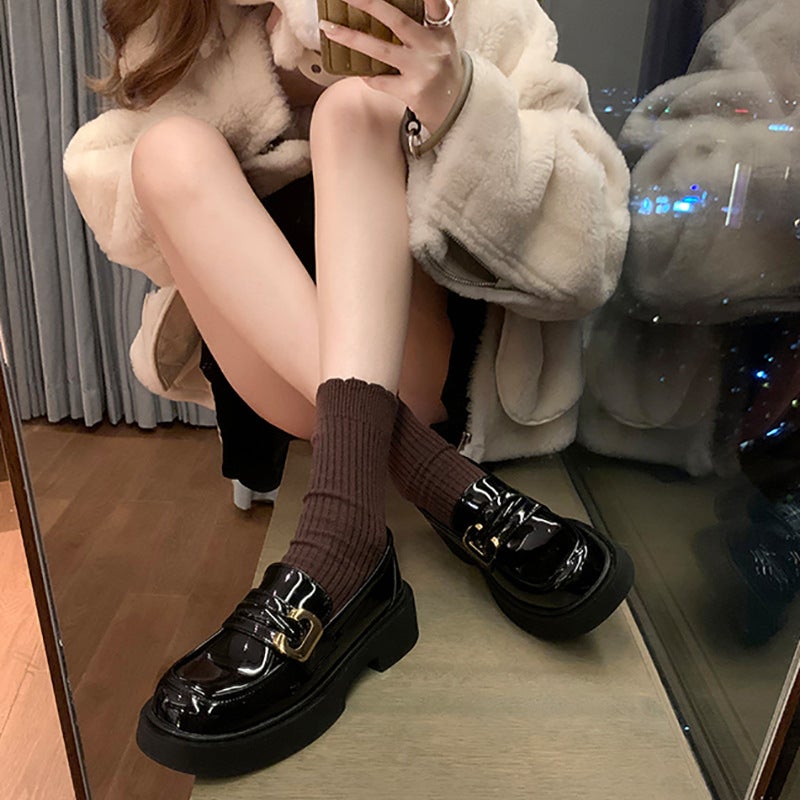 Grape Mom Studiolee Full Leather Thick-Soled Loafers All-Match Vintage Gold Button Chunky Heel British-Style Leather Shoes - Image 4