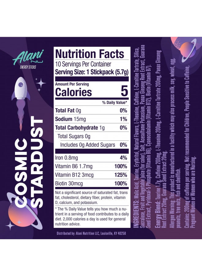 Alani Nu COSMIC STARDUST Energy Sticks | Energy Drink Powder | 200mg Caffeine | Pre Workout Performance with Antioxidants | On-The-Go Drink Mix | Biotin, B Vitamins | Zero Sugar | 5 Calories | 10 Pack