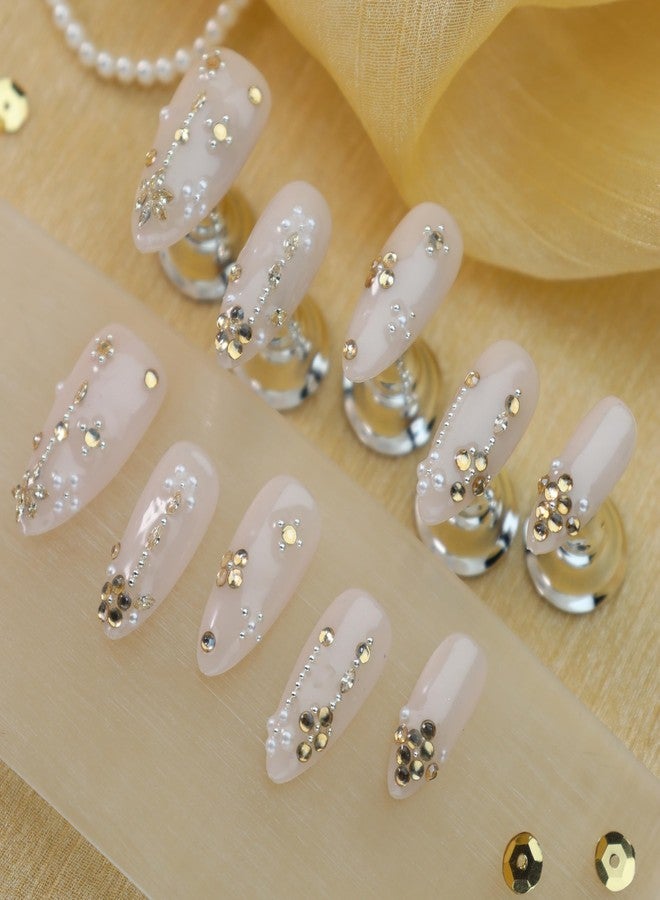 LIFOOST Manual Fake Nails Glossy Pure Color Nude Medium Almond Press On Nail Pile Beads and Rhinestones Luxury False Tips for Women Bride Autumn and Winter Manicure 10 Pcs - Image 2