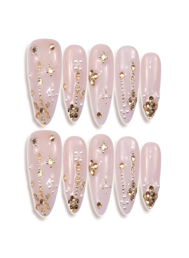 LIFOOST Manual Fake Nails Glossy Pure Color Nude Medium Almond Press On Nail Pile Beads and Rhinestones Luxury False Tips for Women Bride Autumn and Winter Manicure 10 Pcs - Image 1