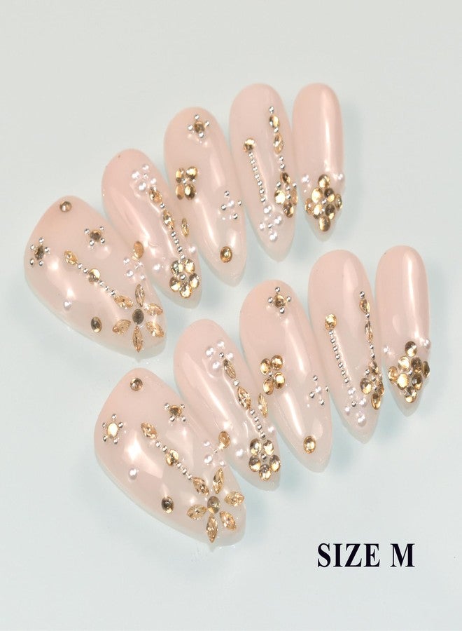 LIFOOST Manual Fake Nails Glossy Pure Color Nude Medium Almond Press On Nail Pile Beads and Rhinestones Luxury False Tips for Women Bride Autumn and Winter Manicure 10 Pcs - Image 4