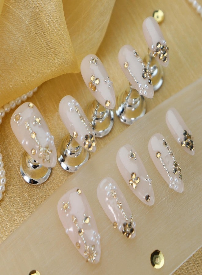 LIFOOST Manual Fake Nails Glossy Pure Color Nude Medium Almond Press On Nail Pile Beads and Rhinestones Luxury False Tips for Women Bride Autumn and Winter Manicure 10 Pcs - Image 3