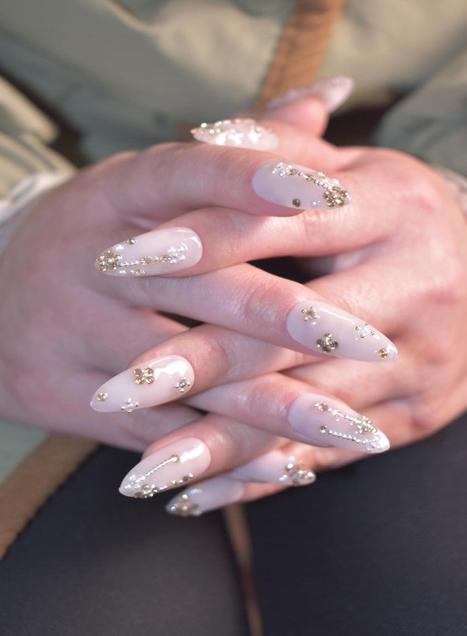 LIFOOST Manual Fake Nails Glossy Pure Color Nude Medium Almond Press On Nail Pile Beads and Rhinestones Luxury False Tips for Women Bride Autumn and Winter Manicure 10 Pcs - Image 5