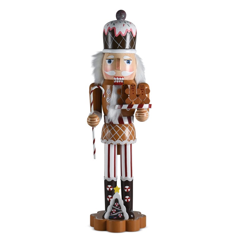 Ornativity Christmas Candyland Gingerbread Nutcracker Wooden Nutcracker Candy Man with Candy Cane and Gingerbread Cookies in Hand Xmas Themed Holiday Nut Cracker Doll Figure Decorations