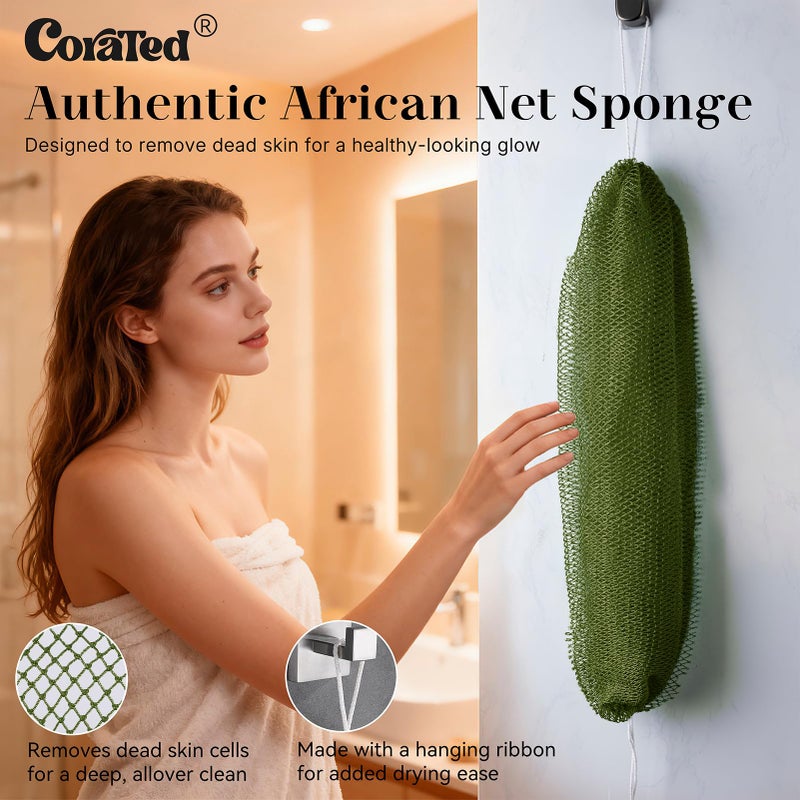 CORATED African Net Sponge Authentic, Shower Loofah Exfoliating Bath Sponge, Body Scrubber for Women Daily Use Body Care, Travel Portable Bath Accessories for Bathroom (Olive Green & Light Green) - Image 2