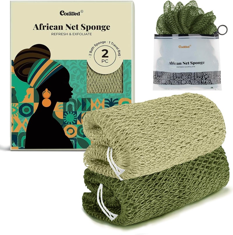CORATED African Net Sponge Authentic, Shower Loofah Exfoliating Bath Sponge, Body Scrubber for Women Daily Use Body Care, Travel Portable Bath Accessories for Bathroom (Olive Green & Light Green) - Image 1