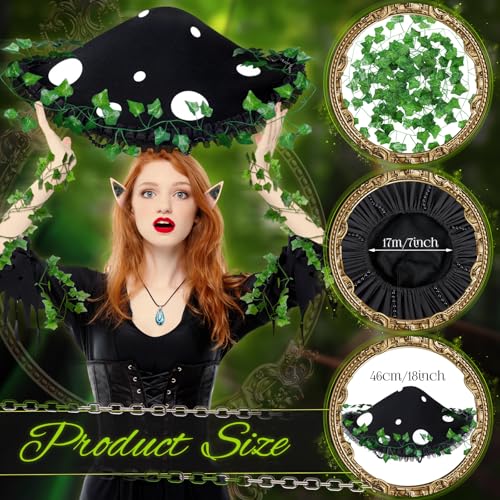 Riyiper 3 Pcs Mushroom Hat Accessories Set Renaissance Medieval Costume Victorian Fairy Elf Outfit Ears Garland for Women(Black,Modern Style) - Image 2