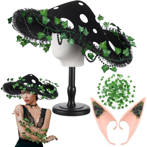 Riyiper 3 Pcs Mushroom Hat Accessories Set Renaissance Medieval Costume Victorian Fairy Elf Outfit Ears Garland for Women(Black,Modern Style) - Image 1