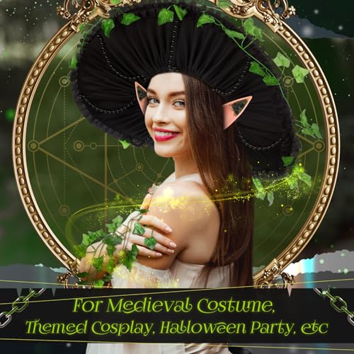 Riyiper 3 Pcs Mushroom Hat Accessories Set Renaissance Medieval Costume Victorian Fairy Elf Outfit Ears Garland for Women(Black,Modern Style) - Image 4