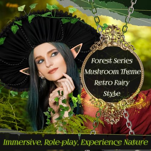 Riyiper 3 Pcs Mushroom Hat Accessories Set Renaissance Medieval Costume Victorian Fairy Elf Outfit Ears Garland for Women(Black,Modern Style) - Image 5