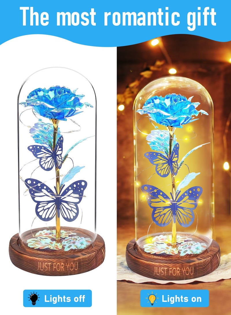 Arabayt Colorful Artificial Flower Rose Gift, Rose Flower Butterfly in Glass Dome, LED Light Forever Rose Birthday Gifts for Women Mom Grandma Wife, Unique Gifts for Mother's Day (Blue) - Image 5