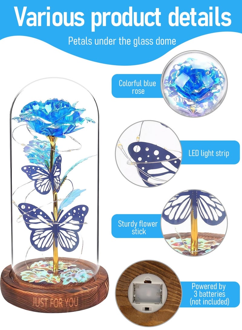 Arabayt Colorful Artificial Flower Rose Gift, Rose Flower Butterfly in Glass Dome, LED Light Forever Rose Birthday Gifts for Women Mom Grandma Wife, Unique Gifts for Mother's Day (Blue) - Image 4