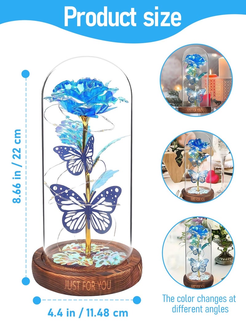 Arabayt Colorful Artificial Flower Rose Gift, Rose Flower Butterfly in Glass Dome, LED Light Forever Rose Birthday Gifts for Women Mom Grandma Wife, Unique Gifts for Mother's Day (Blue) - Image 3