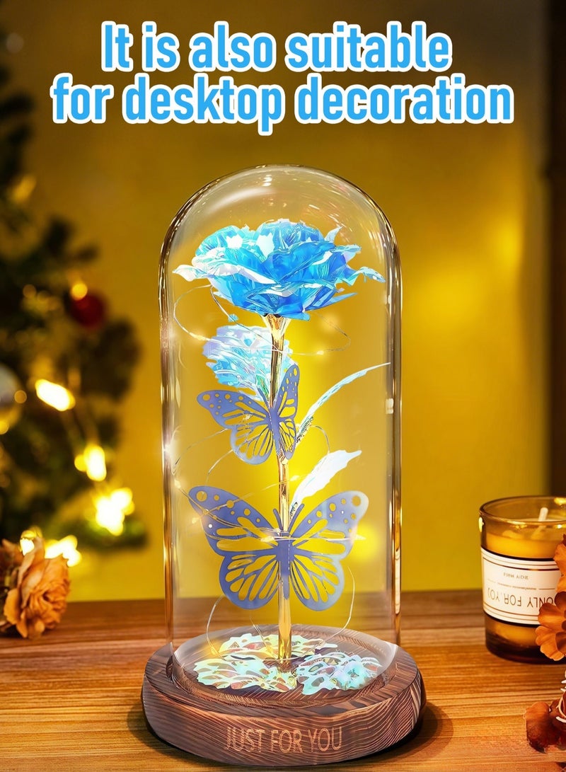 Arabayt Colorful Artificial Flower Rose Gift, Rose Flower Butterfly in Glass Dome, LED Light Forever Rose Birthday Gifts for Women Mom Grandma Wife, Unique Gifts for Mother's Day (Blue) - Image 2
