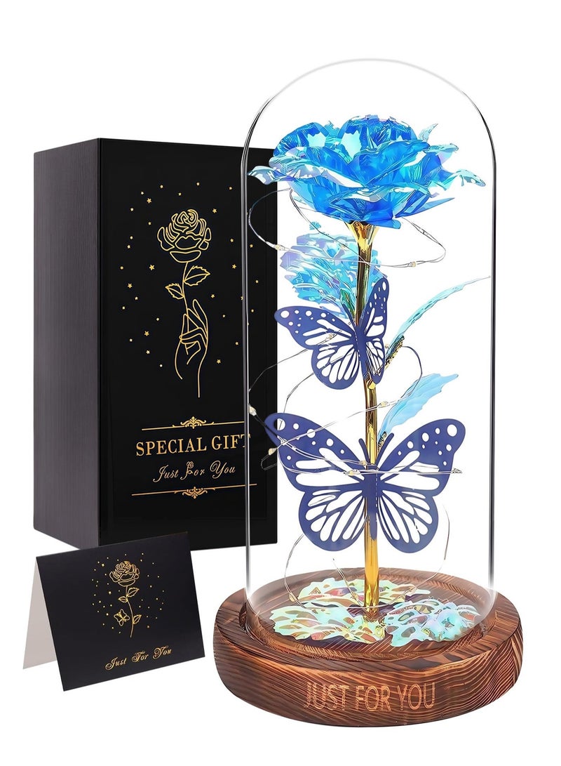 Arabayt Colorful Artificial Flower Rose Gift, Rose Flower Butterfly in Glass Dome, LED Light Forever Rose Birthday Gifts for Women Mom Grandma Wife, Unique Gifts for Mother's Day (Blue) - Image 1
