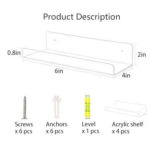 TONICE 4 Pack Acrylic Shelves for Wall 6in Floating Shelf Wall Mounted Set for Room Bedroom Bathroom Kitchen Living Room Office Book Shelf Storage Decor - Image 3