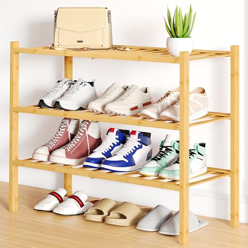Smiry Shoe Rack 3 Tier Bamboo Shoe Organizer Stackable Free Standing Wooden Shoe Storage Shelf for Closet Entryway Front Door Entrance Natural