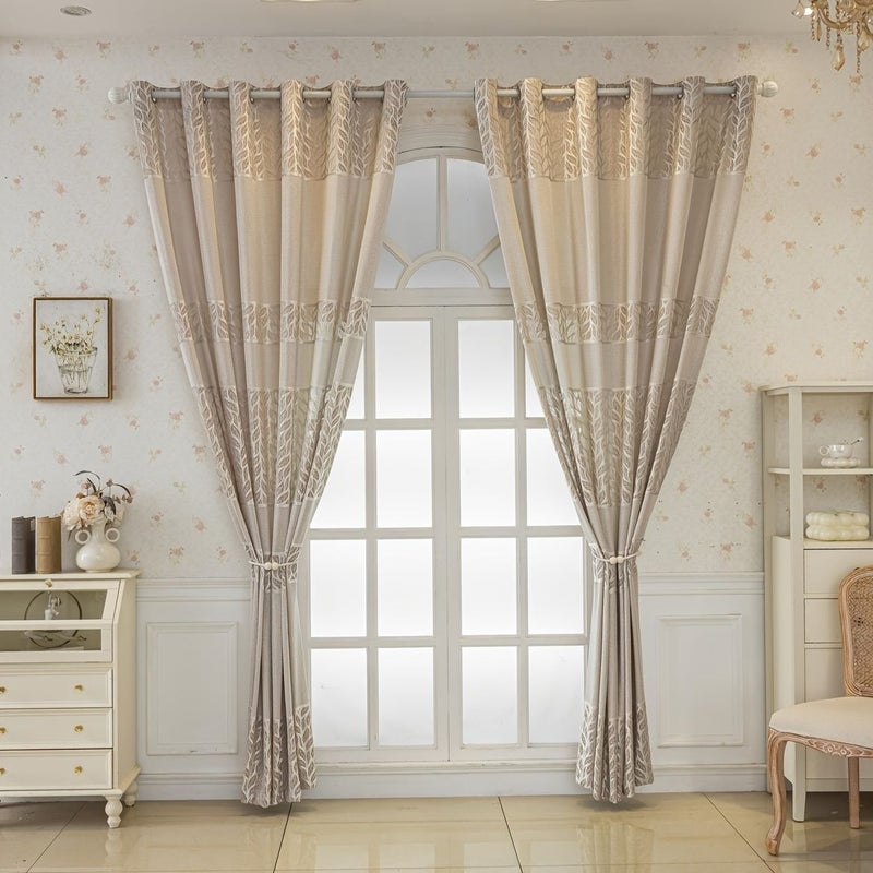 2pcs Bohemian Modern Thermal Insulating Blackout Curtains 160cm X 260cm Horizontal Leaf Window Drapes Light Blocking Panels Champagne - Image 4