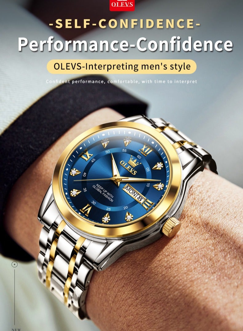 OLEVS Watches for Men Stainless Steel Quartz Analog Water Resistant Watch Gold Blue Business Quartz Watches - Image 3