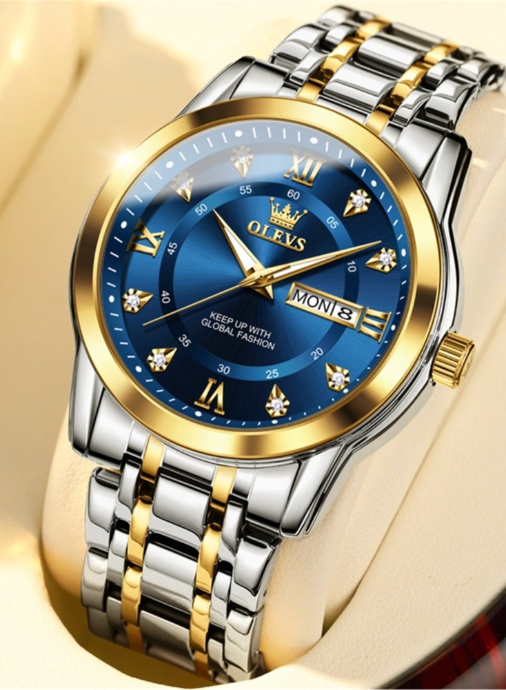 OLEVS Watches for Men Stainless Steel Quartz Analog Water Resistant Watch Gold Blue Business Quartz Watches - Image 1