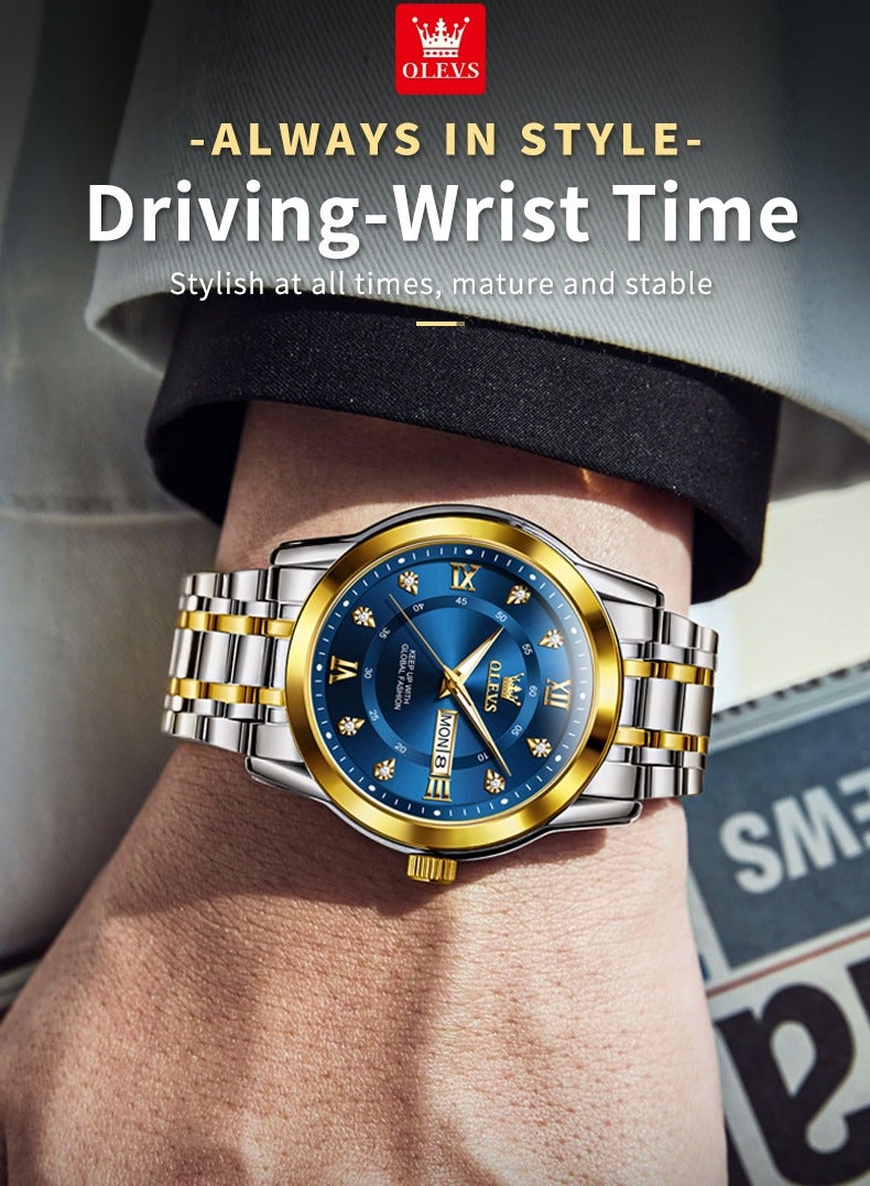 OLEVS Watches for Men Stainless Steel Quartz Analog Water Resistant Watch Gold Blue Business Quartz Watches - Image 5