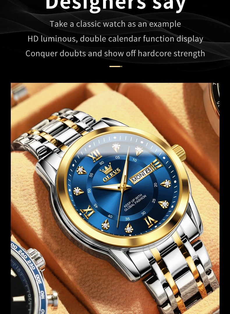 OLEVS Watches for Men Stainless Steel Quartz Analog Water Resistant Watch Gold Blue Business Quartz Watches - Image 4