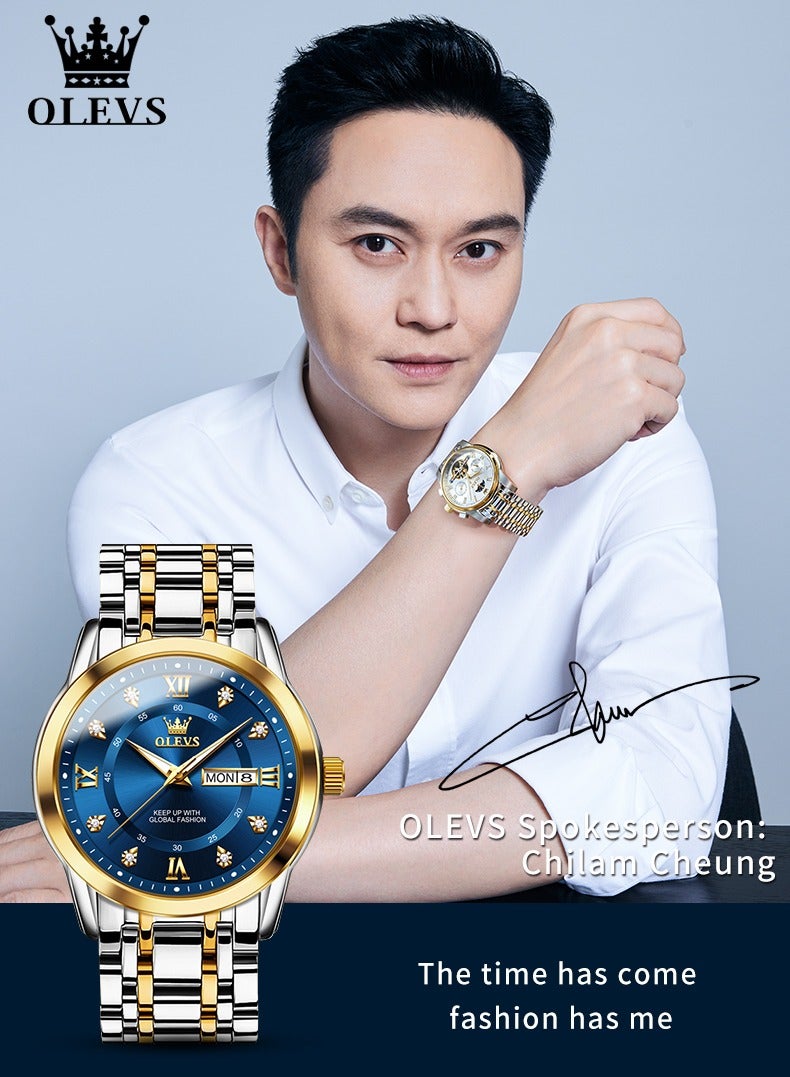 OLEVS Watches for Men Stainless Steel Quartz Analog Water Resistant Watch Gold Blue Business Quartz Watches - Image 2