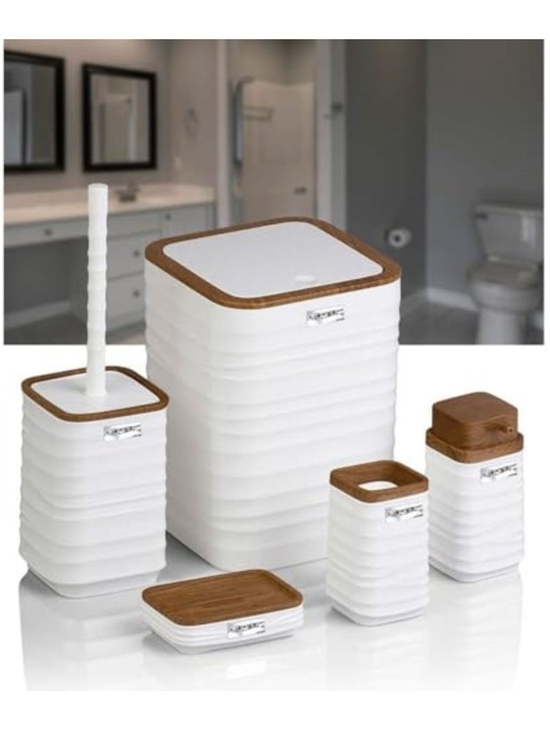 Okyanus - Luna Square 5 Piece Bathroom Set Soap Dish Soap Dispenser Trash Can Toilet Brush And Holder Toothbrush Holder Wooden Lid -White - Image 1