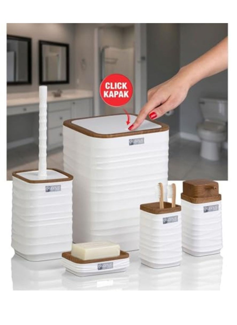 Okyanus - Luna Square 5 Piece Bathroom Set Soap Dish Soap Dispenser Trash Can Toilet Brush And Holder Toothbrush Holder Wooden Lid -White - Image 1