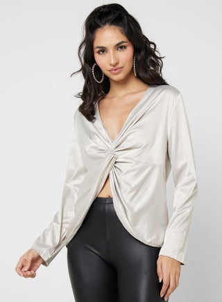 Ruched Knot Front Slit Top