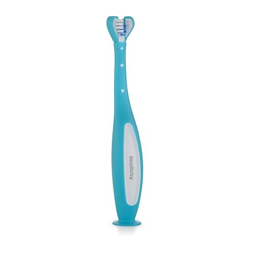 BeeBaby Triple Angle Brush Buddy Toothbrush for Kids 3-6 Years. Suction Cup, 3 Side Super Soft Time to Change Indicator Bristles Ideal for Milk & Permanent Teeth. 100% BPA Free. Blue - Image 1