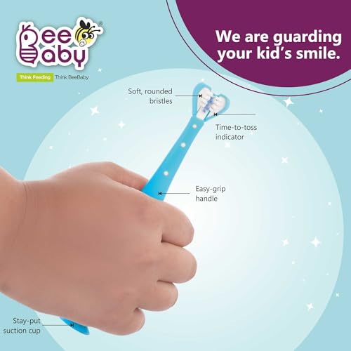 BeeBaby Triple Angle Brush Buddy Toothbrush for Kids 3-6 Years. Suction Cup, 3 Side Super Soft Time to Change Indicator Bristles Ideal for Milk & Permanent Teeth. 100% BPA Free. Blue - Image 4