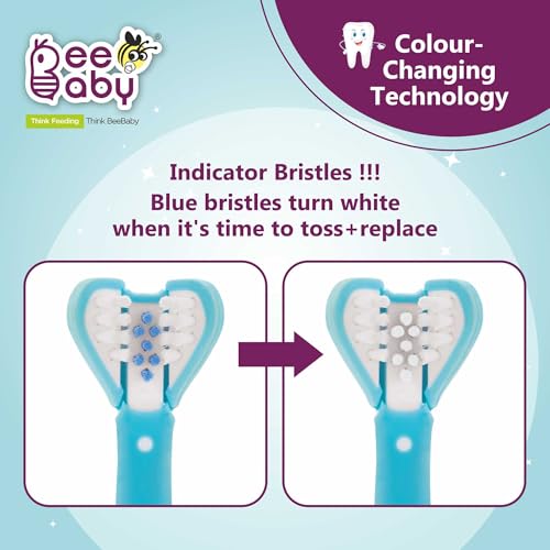 BeeBaby Triple Angle Brush Buddy Toothbrush for Kids 3-6 Years. Suction Cup, 3 Side Super Soft Time to Change Indicator Bristles Ideal for Milk & Permanent Teeth. 100% BPA Free. Blue - Image 2