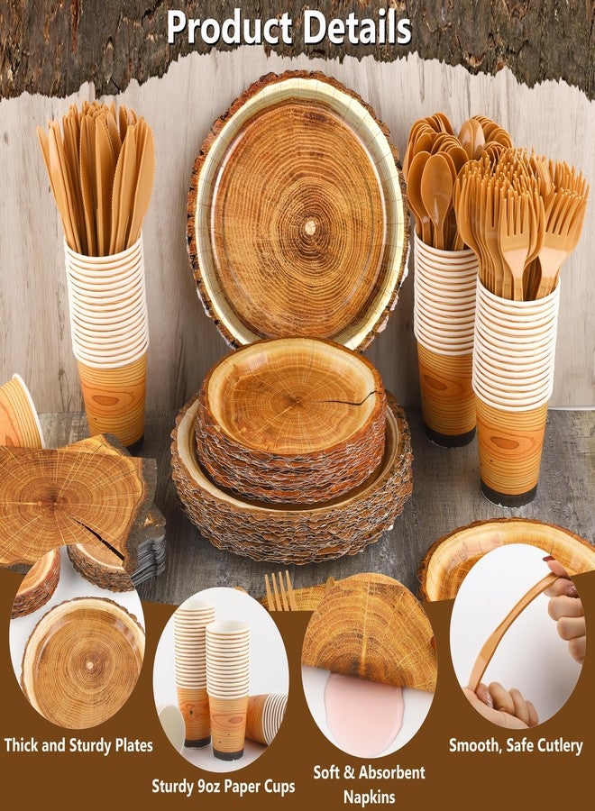 Kochorie 350 PCS Camping Wood Grain Slice Tableware Set Rustic Camping Plates Napkins Cups Cutlery Hunting Birthday Party Decorations Lumberjack Dinner Camping Party Decorations Serve 50 Guests - Image 3