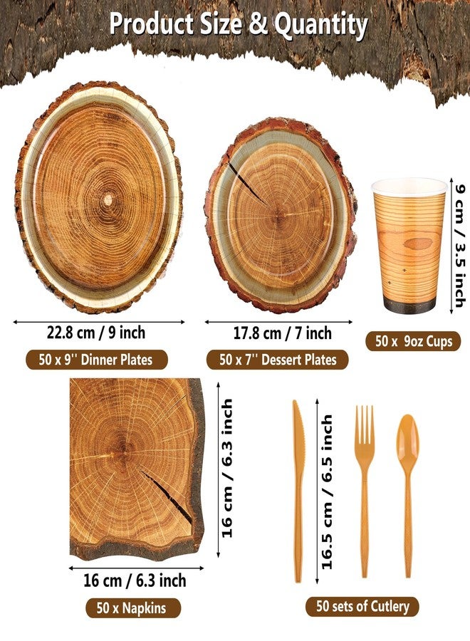 Kochorie 350 PCS Camping Wood Grain Slice Tableware Set Rustic Camping Plates Napkins Cups Cutlery Hunting Birthday Party Decorations Lumberjack Dinner Camping Party Decorations Serve 50 Guests - Image 2