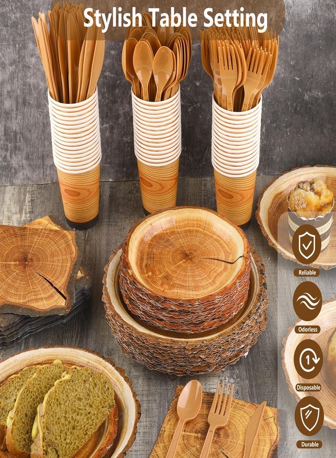 Kochorie 350 PCS Camping Wood Grain Slice Tableware Set Rustic Camping Plates Napkins Cups Cutlery Hunting Birthday Party Decorations Lumberjack Dinner Camping Party Decorations Serve 50 Guests - Image 4