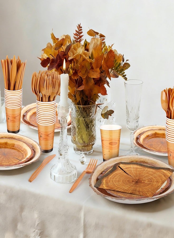 Kochorie 350 PCS Camping Wood Grain Slice Tableware Set Rustic Camping Plates Napkins Cups Cutlery Hunting Birthday Party Decorations Lumberjack Dinner Camping Party Decorations Serve 50 Guests - Image 5